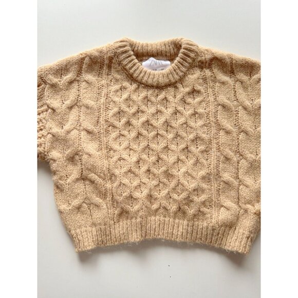 Girls' ZARA Light Camel Tan Cable Knit Crew Neck Fisherman Sweater, Size 9-10 - Picture 2 of 7